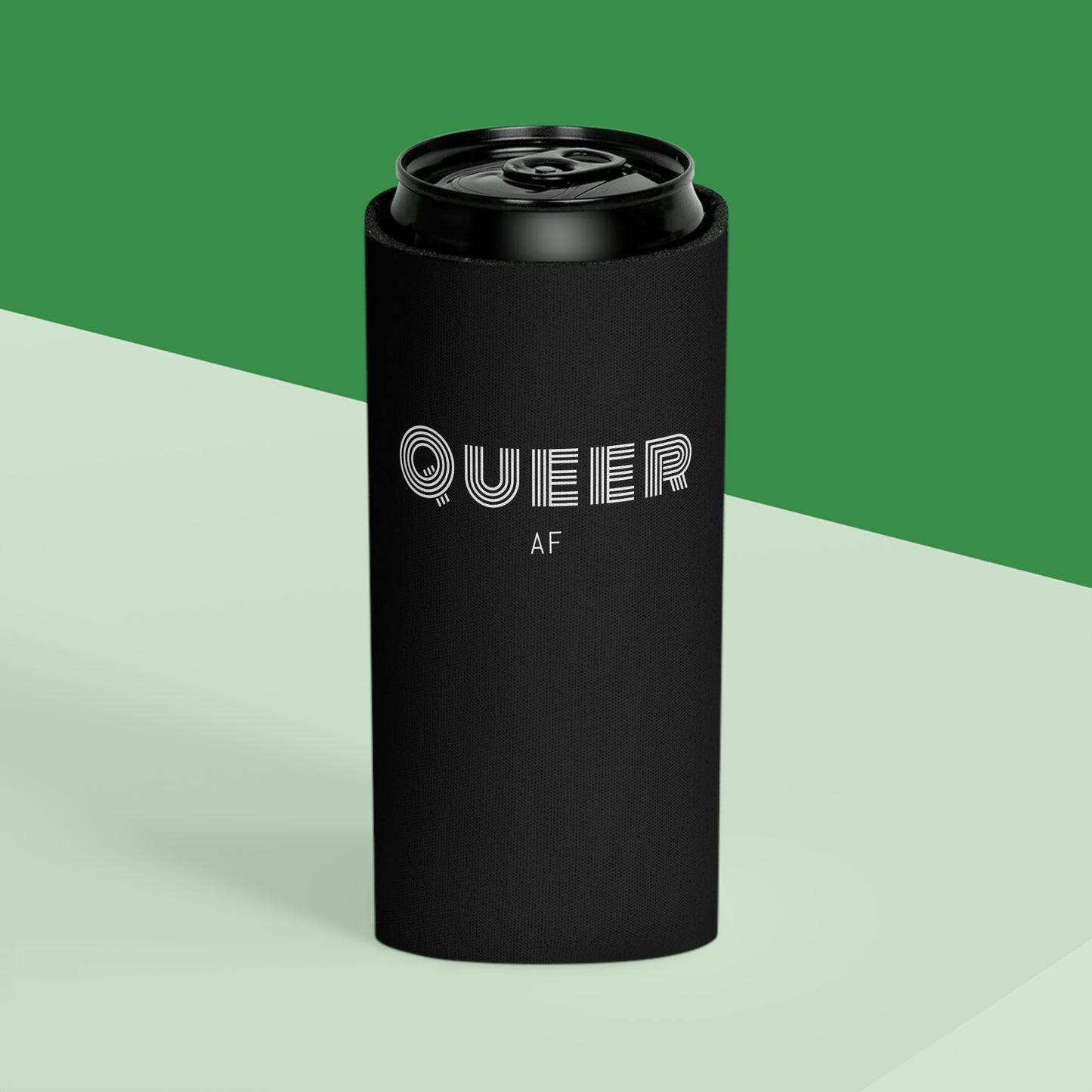 Can Cooler — "Queer AF" Black Can Koozie (Pride Party Accessory)