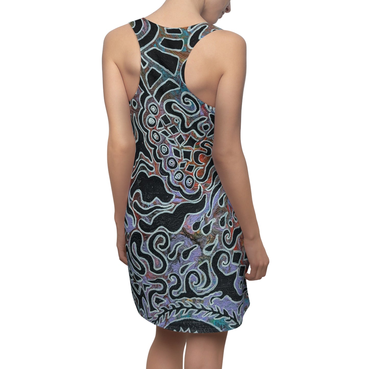 Abstract Swirl Racerback Dress — Artistic Black & Pastel All-Over Print