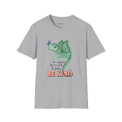 In A World Where You Can Be Anything... Be Kind . Dragon and butterfly hand drawn design by TAS — Whimsical Green Dragon Kindness Tee