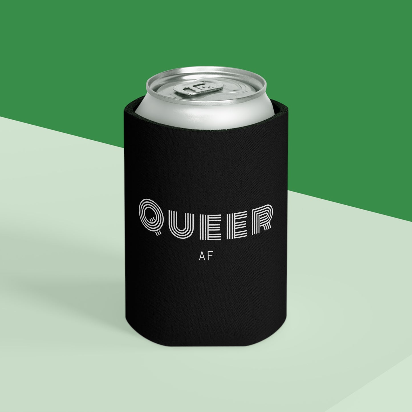 Can Cooler — "Queer AF" Black Can Koozie (Pride Party Accessory)