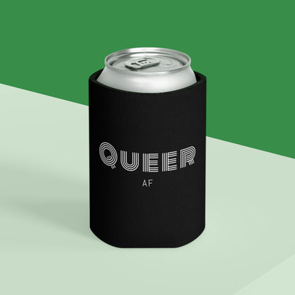 Can Cooler — "Queer AF" Black Can Koozie (Pride Party Accessory)