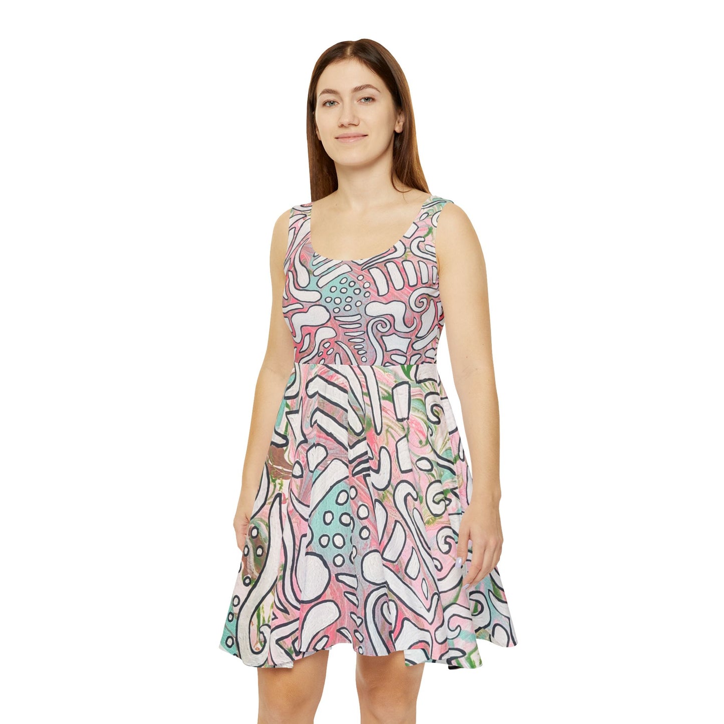 Abstract Pastel Doodle Skater Dress - Lisa© by Brandy Young – Pink & Mint All-Over Print