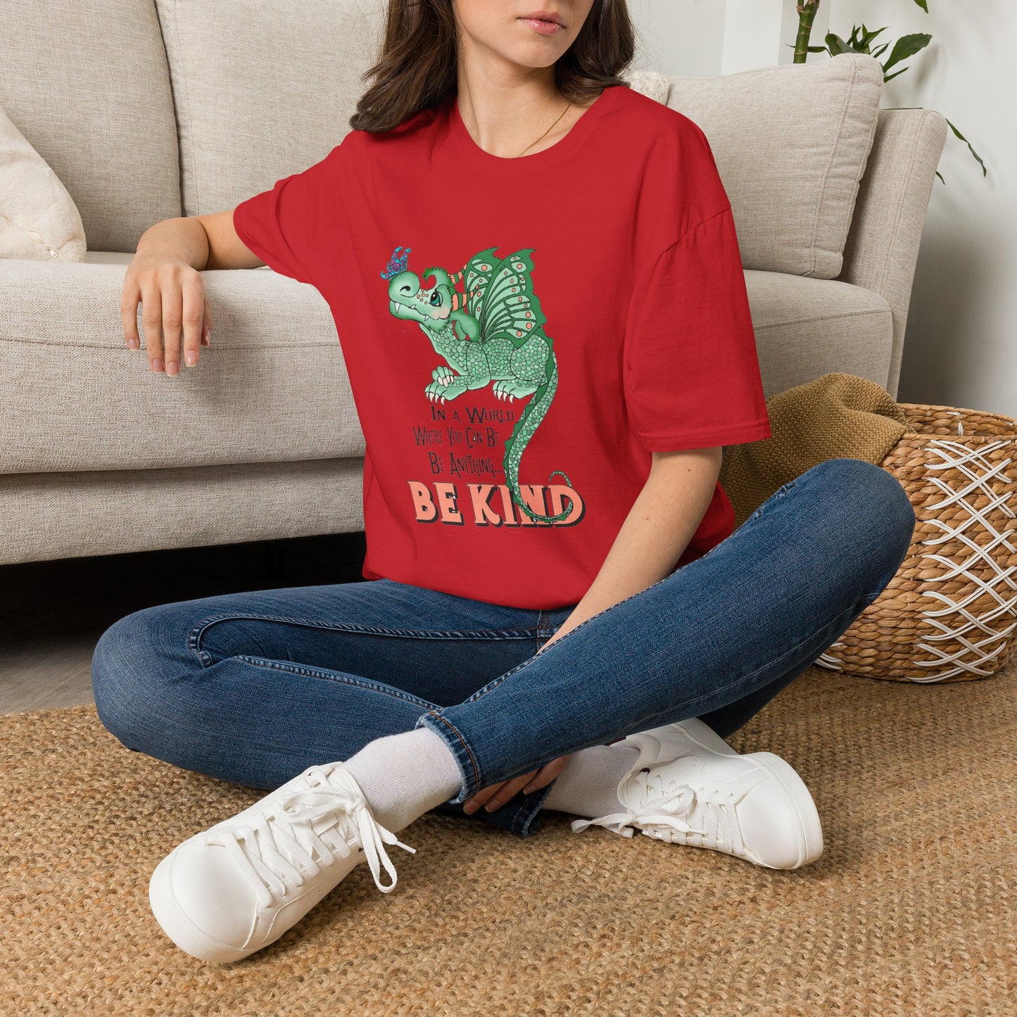 In A World Where You Can Be Anything... Be Kind . Dragon and butterfly hand drawn design by TAS — Whimsical Green Dragon Kindness Tee