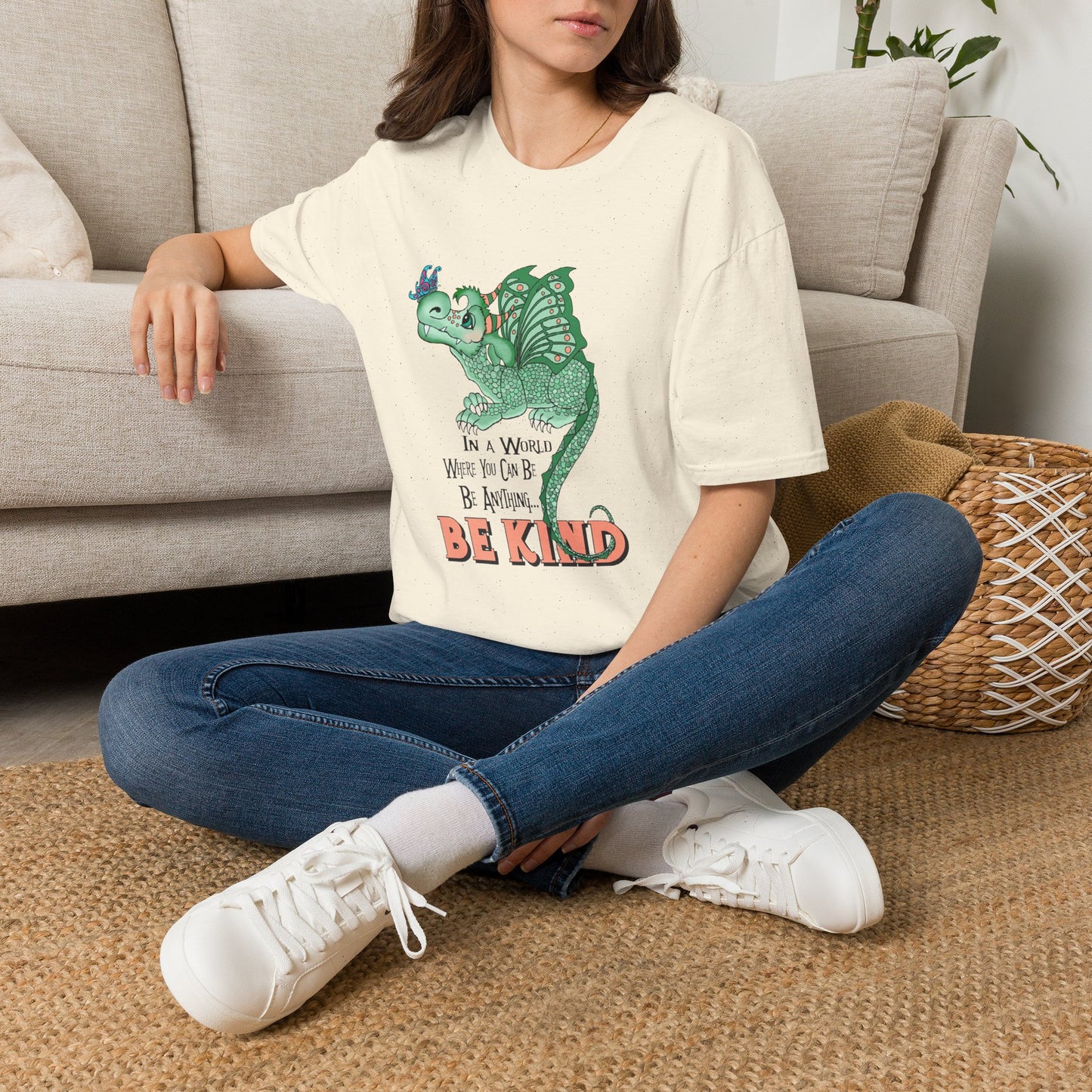 In A World Where You Can Be Anything... Be Kind . Dragon and butterfly hand drawn design by TAS — Whimsical Green Dragon Kindness Tee
