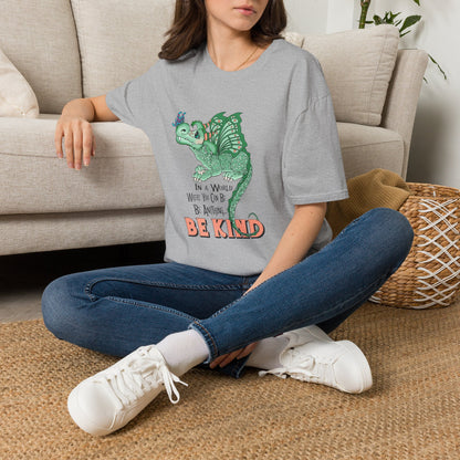 In A World Where You Can Be Anything... Be Kind . Dragon and butterfly hand drawn design by TAS — Whimsical Green Dragon Kindness Tee
