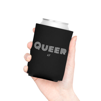 Can Cooler — "Queer AF" Black Can Koozie (Pride Party Accessory)