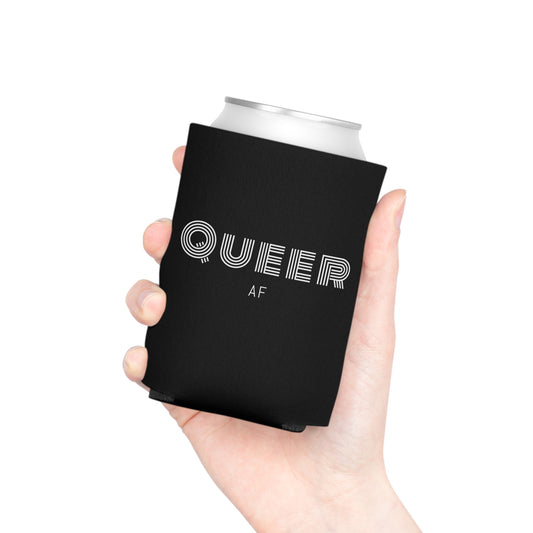 Can Cooler — "Queer AF" Black Can Koozie (Pride Party Accessory)