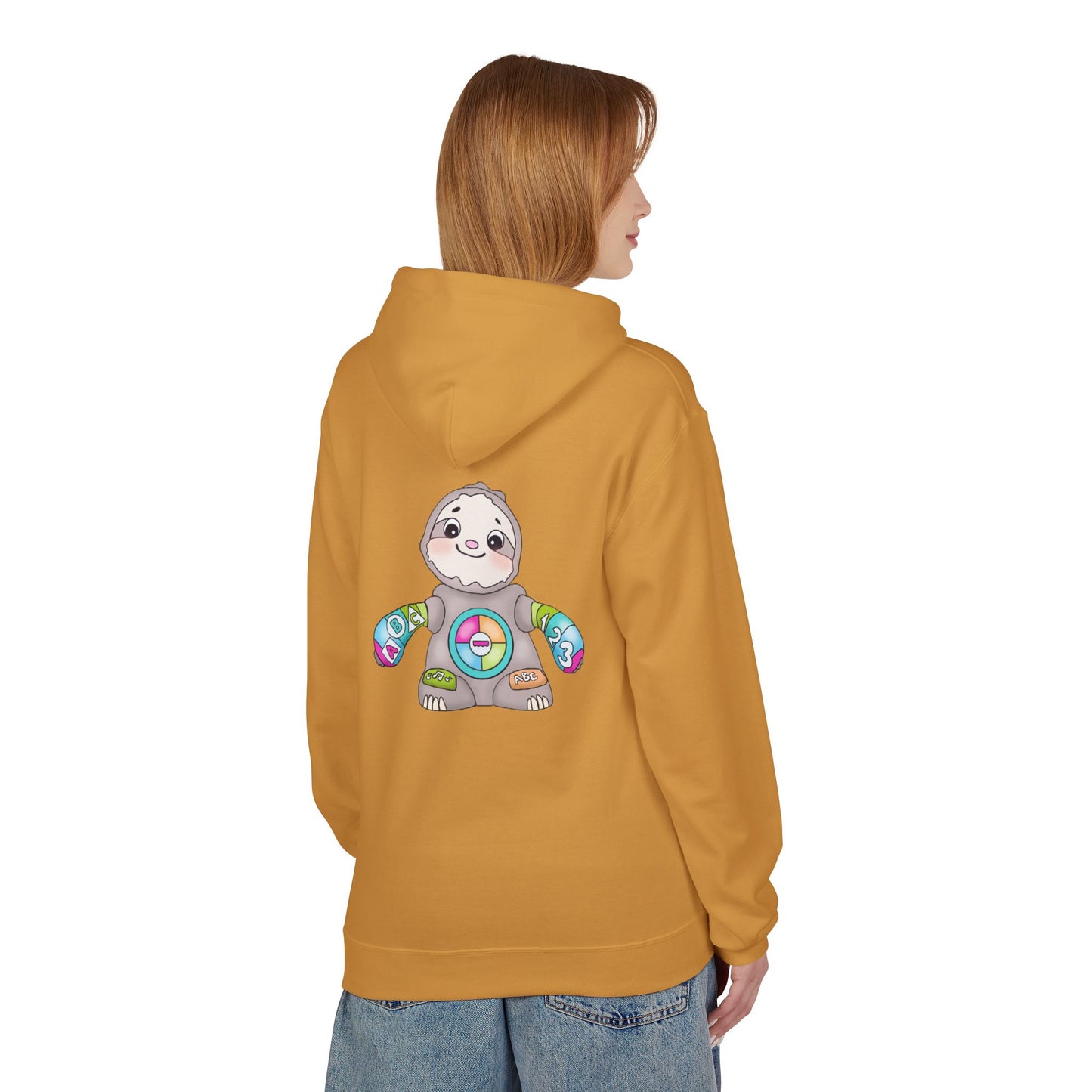 Cute Baby Sloth Hoodie with Colorful Toy Chest Graphic — Cozy Casual Pullover