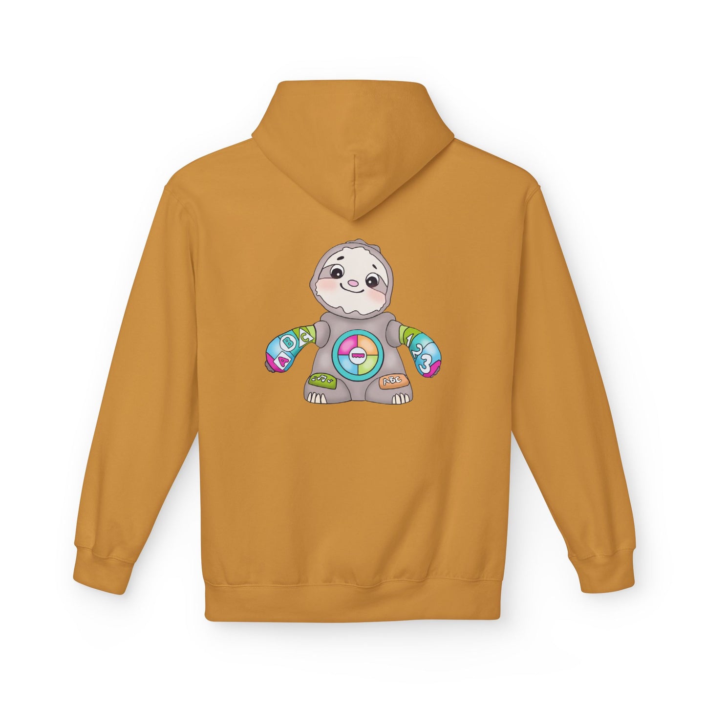 Cute Baby Sloth Hoodie with Colorful Toy Chest Graphic — Cozy Casual Pullover