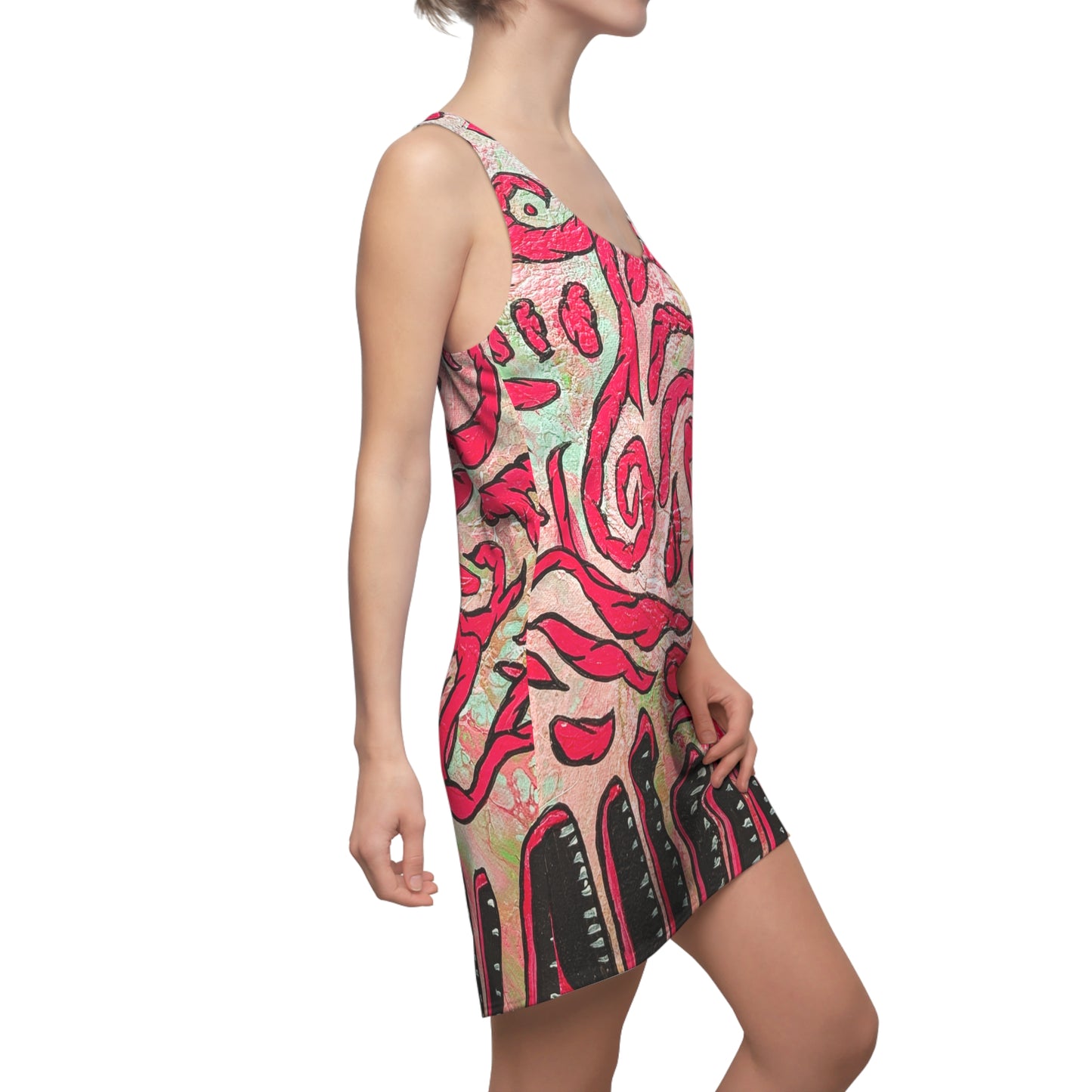 Pink Swirl Racerback Dress – Abstract All-Over-Print Summer Dress
