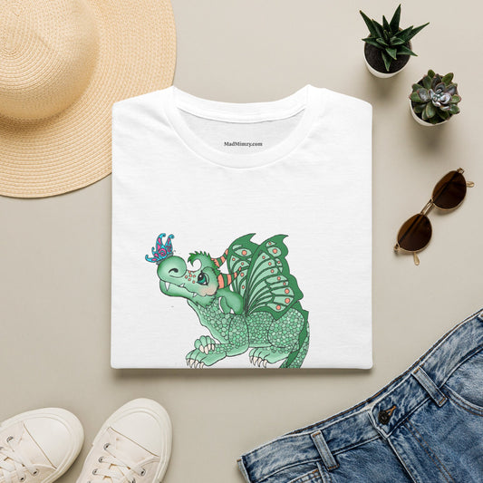 In A World Where You Can Be Anything... Be Kind . Dragon and butterfly hand drawn design by TAS — Whimsical Green Dragon Kindness Tee
