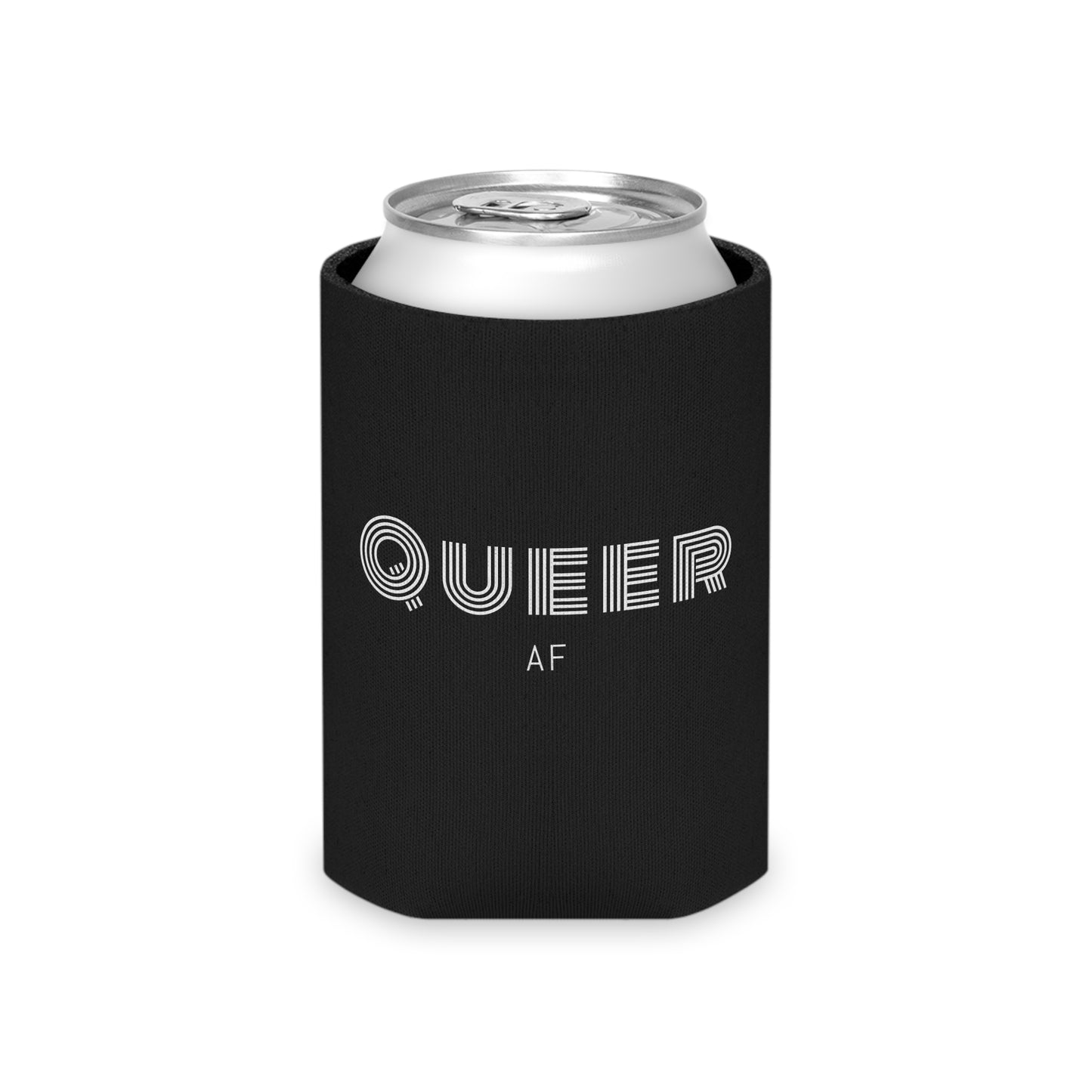 Can Cooler — "Queer AF" Black Can Koozie (Pride Party Accessory)