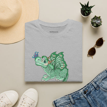 In A World Where You Can Be Anything... Be Kind . Dragon and butterfly hand drawn design by TAS — Whimsical Green Dragon Kindness Tee