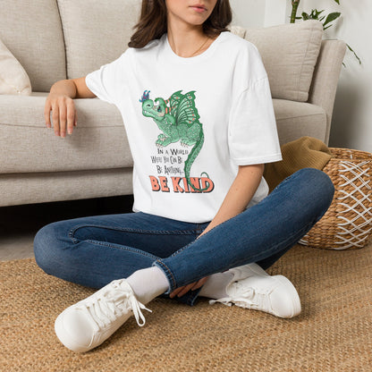 In A World Where You Can Be Anything... Be Kind . Dragon and butterfly hand drawn design by TAS — Whimsical Green Dragon Kindness Tee