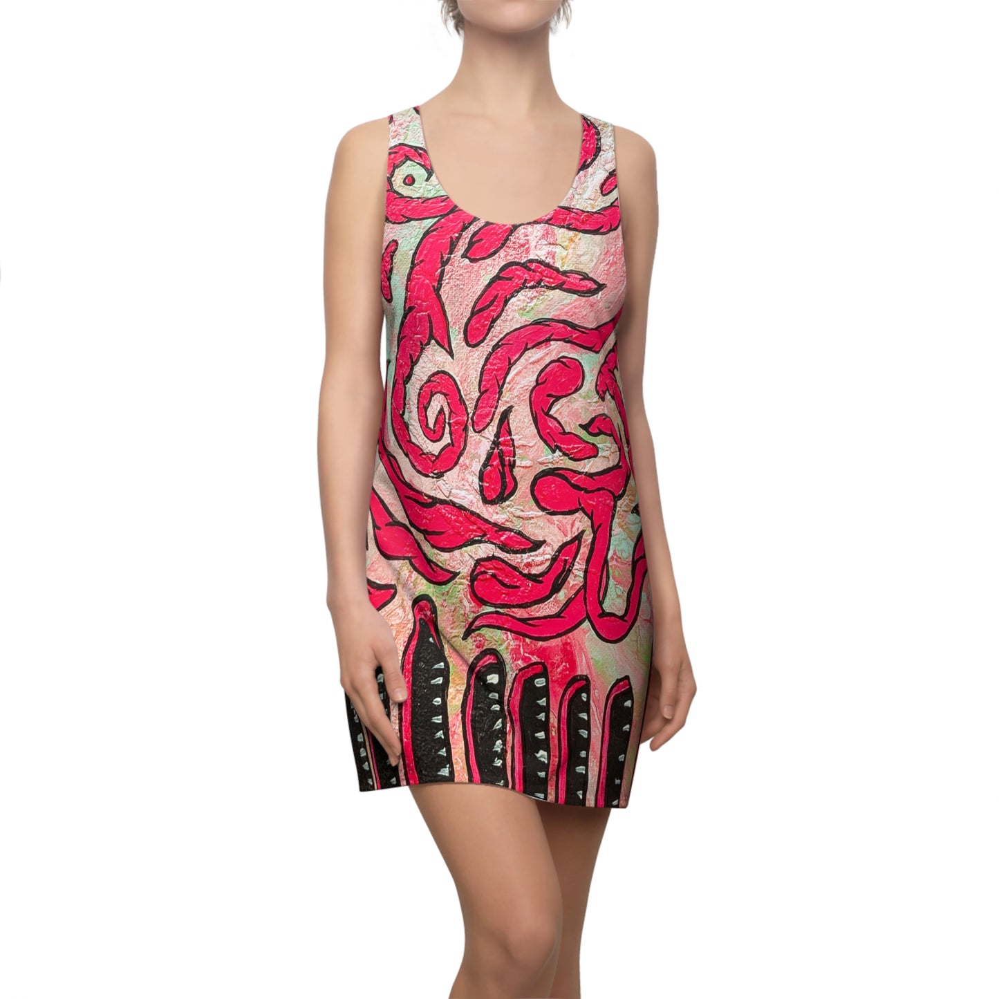 Pink Swirl Racerback Dress – Abstract All-Over-Print Summer Dress