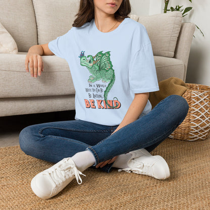 In A World Where You Can Be Anything... Be Kind . Dragon and butterfly hand drawn design by TAS — Whimsical Green Dragon Kindness Tee