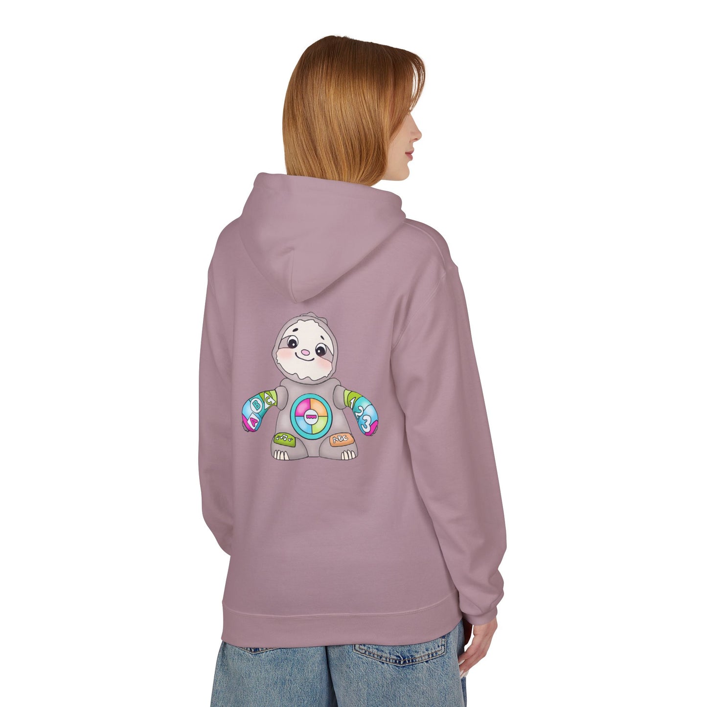 Cute Baby Sloth Hoodie with Colorful Toy Chest Graphic — Cozy Casual Pullover