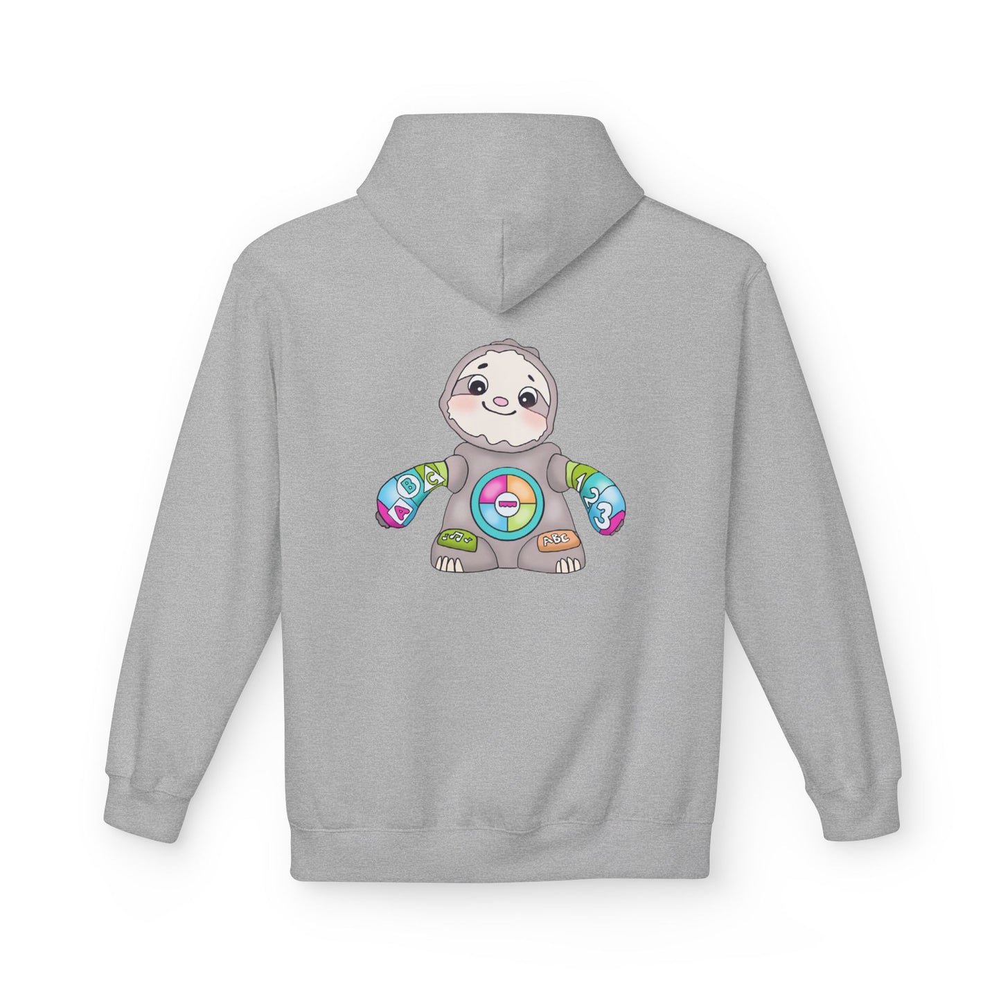 Cute Baby Sloth Hoodie with Colorful Toy Chest Graphic — Cozy Casual Pullover
