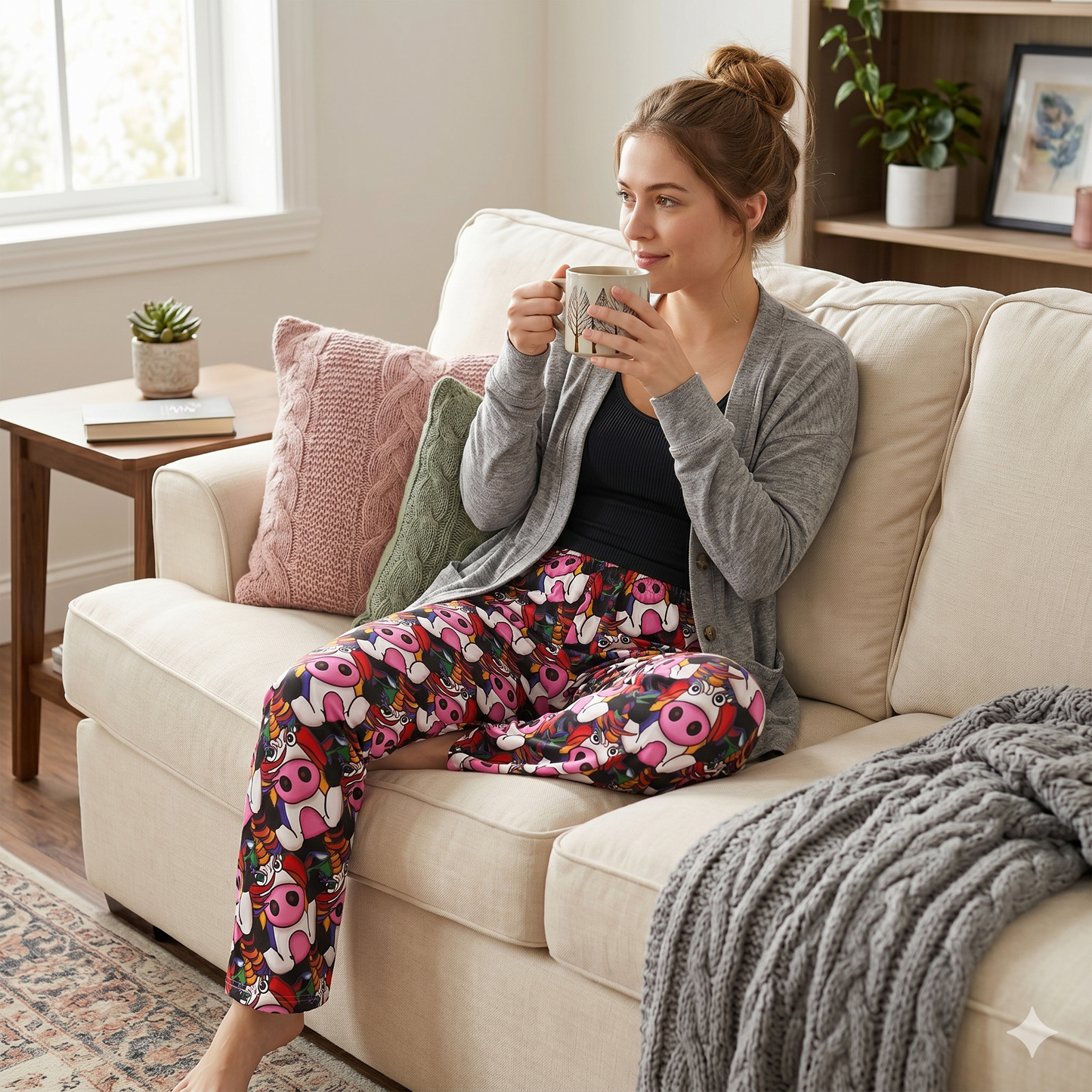 Pajama Pants — Cute Rainbow Unicorn Pig  Giving The Finger -  All-Over Print Lounge Pajama Pants