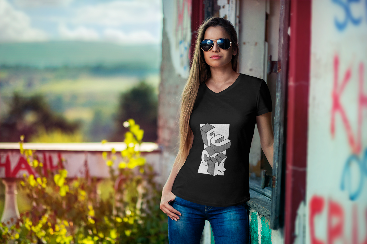 Women's V-Neck Tee - Geometric 'FUCK' Retro Isometric Typography Graphic