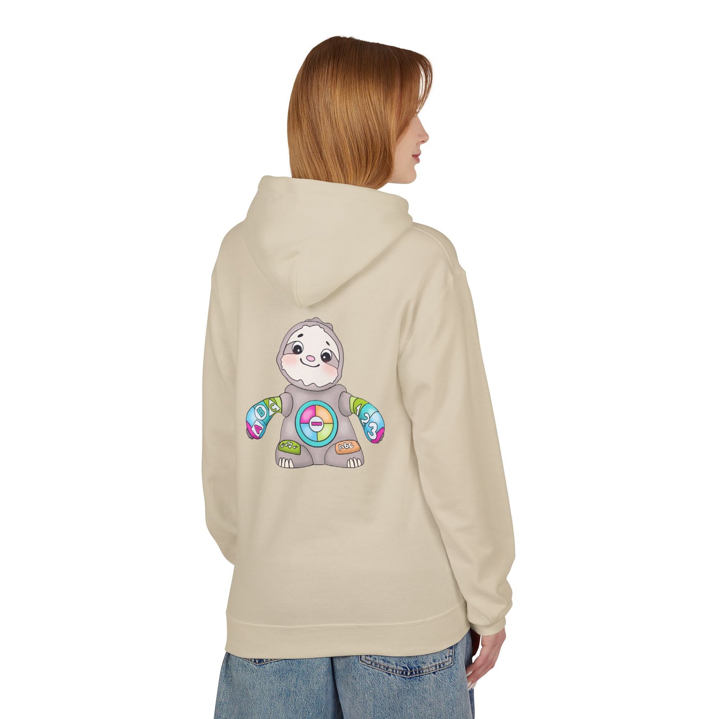 Cute Baby Sloth Hoodie with Colorful Toy Chest Graphic — Cozy Casual Pullover