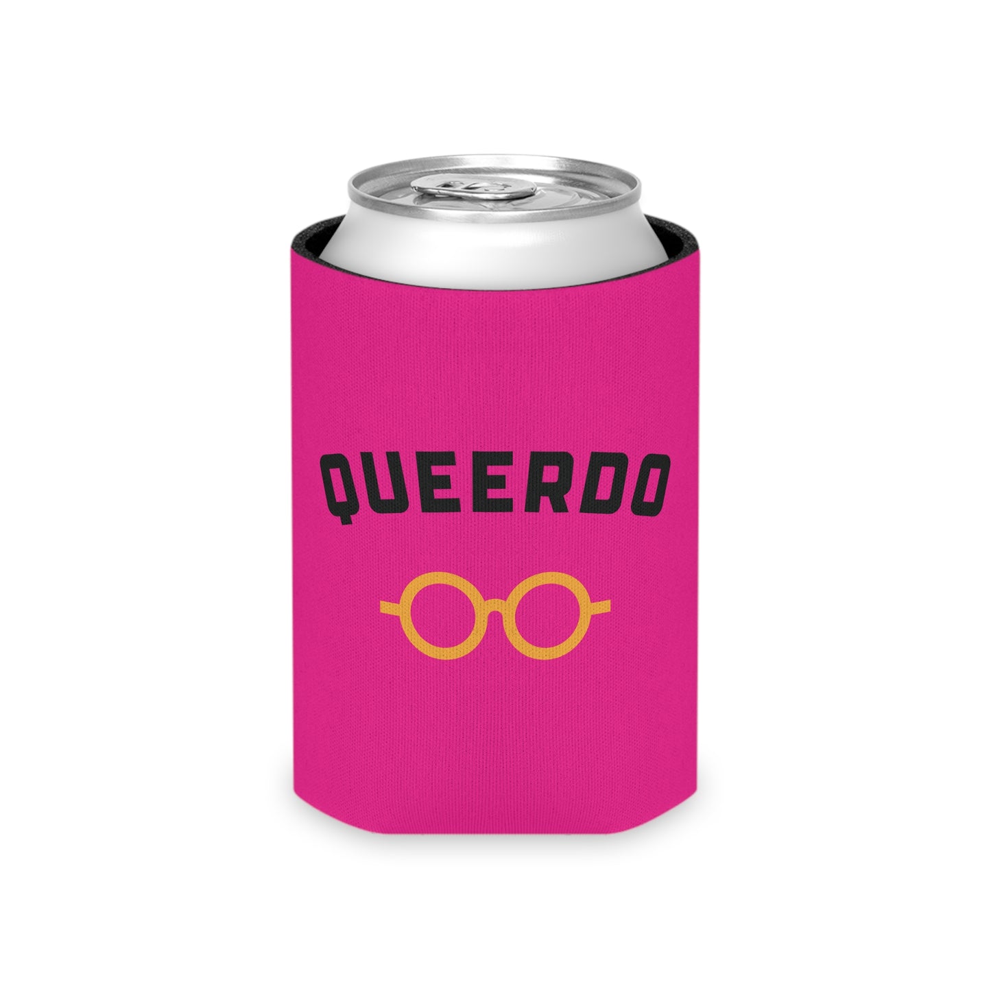 Queerdo Can Cooler – Pink Koozie with Retro Glasses Graphic