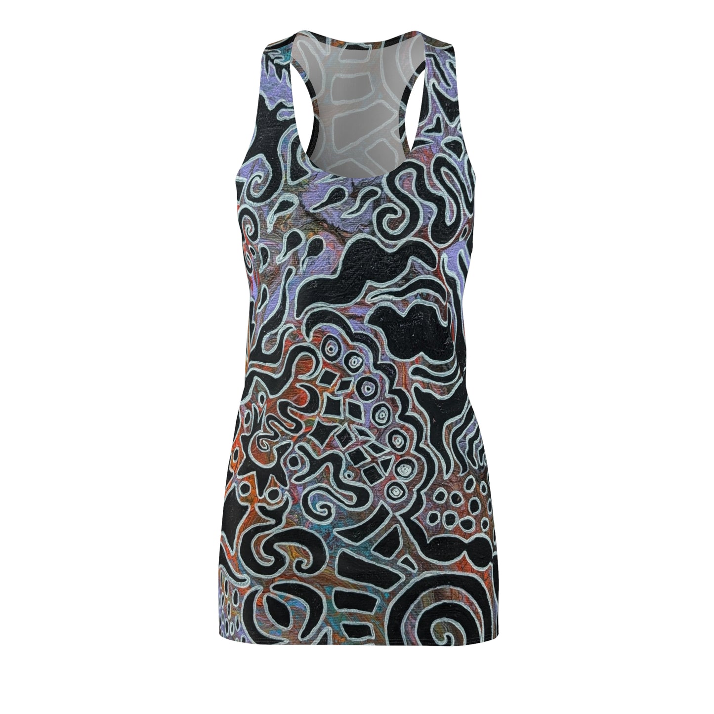 Abstract Swirl Racerback Dress — Artistic Black & Pastel All-Over Print