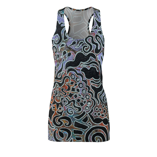 Abstract Swirl Racerback Dress — Artistic Black & Pastel All-Over Print