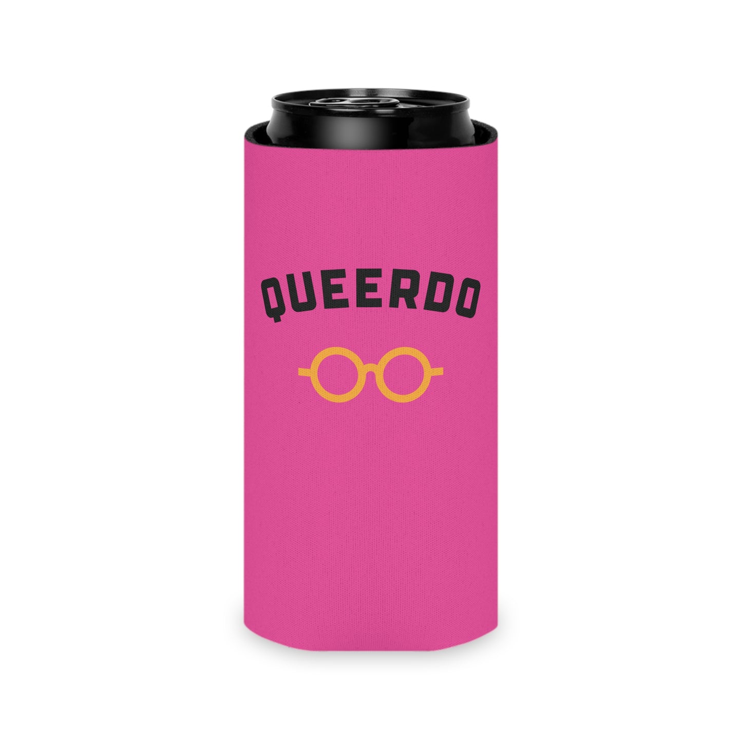 Queerdo Can Cooler – Pink Koozie with Retro Glasses Graphic