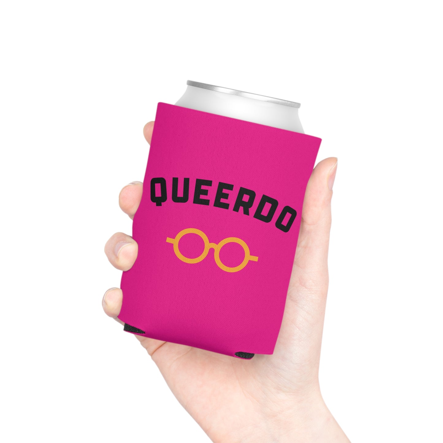 Queerdo Can Cooler – Pink Koozie with Retro Glasses Graphic