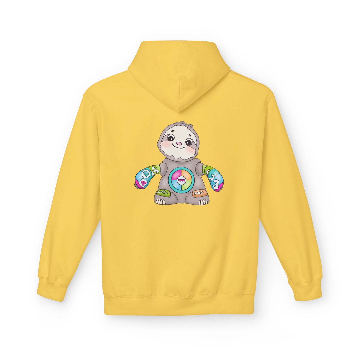 Cute Baby Sloth Hoodie with Colorful Toy Chest Graphic — Cozy Casual Pullover