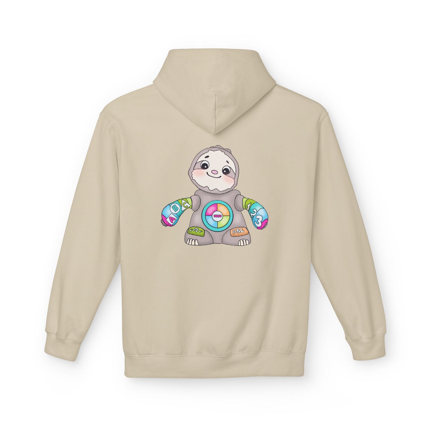 Cute Baby Sloth Hoodie with Colorful Toy Chest Graphic — Cozy Casual Pullover