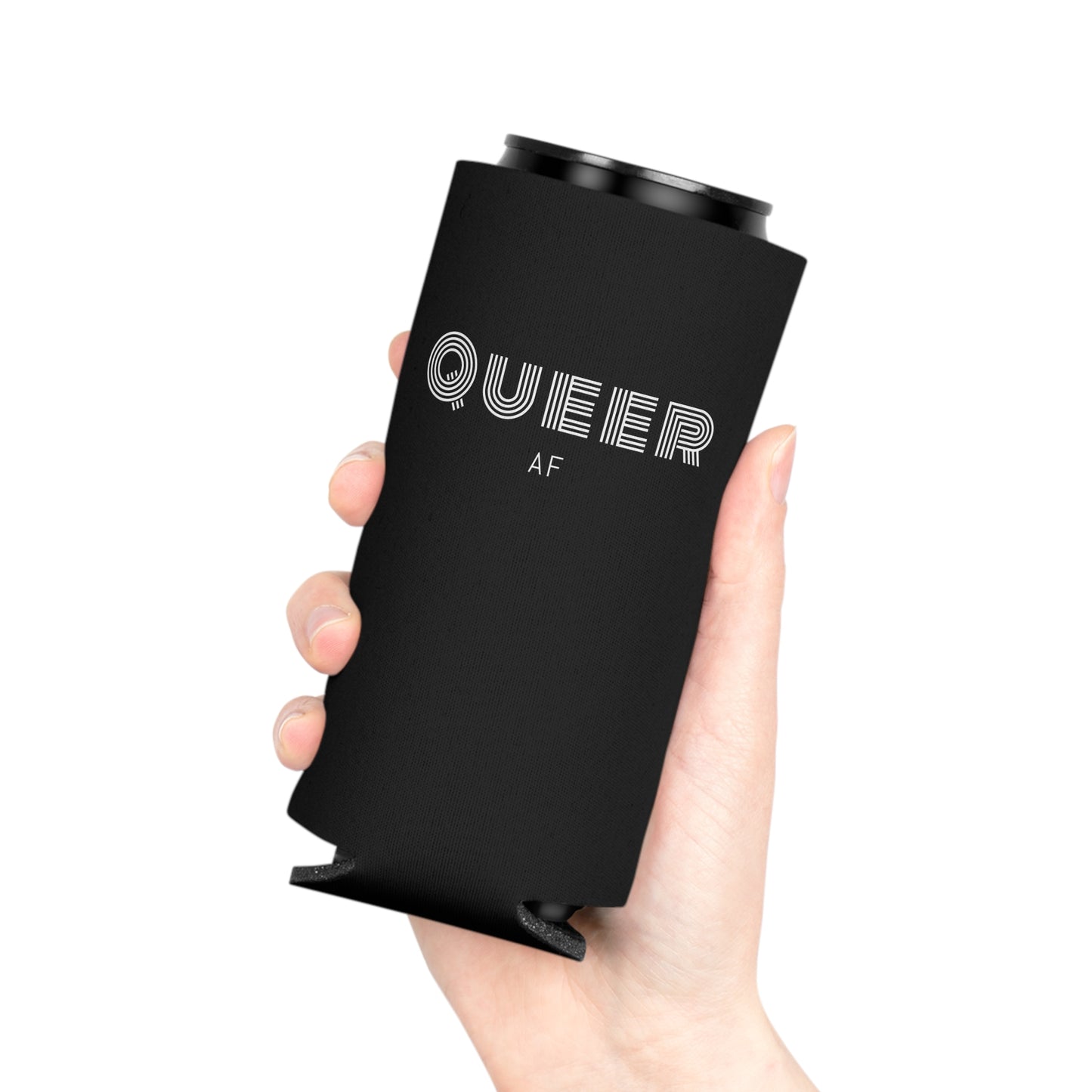 Can Cooler — "Queer AF" Black Can Koozie (Pride Party Accessory)