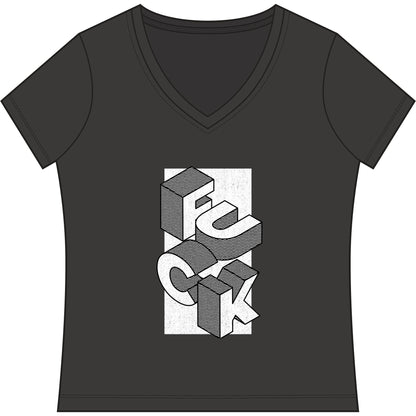 Women's V-Neck Tee - Geometric 'FUCK' Retro Isometric Typography Graphic