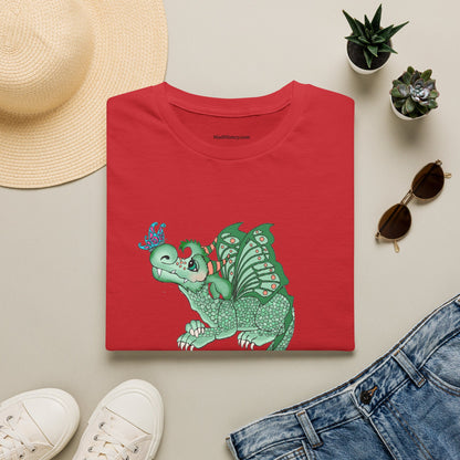 In A World Where You Can Be Anything... Be Kind . Dragon and butterfly hand drawn design by TAS — Whimsical Green Dragon Kindness Tee