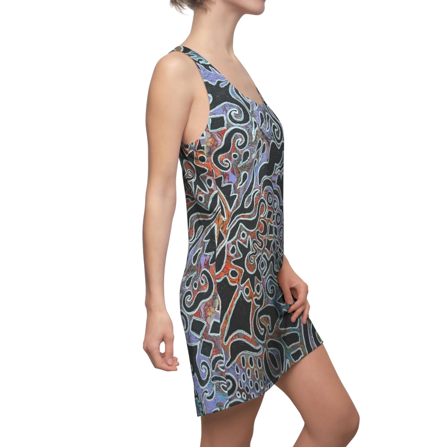 Abstract Swirl Racerback Dress — Artistic Black & Pastel All-Over Print