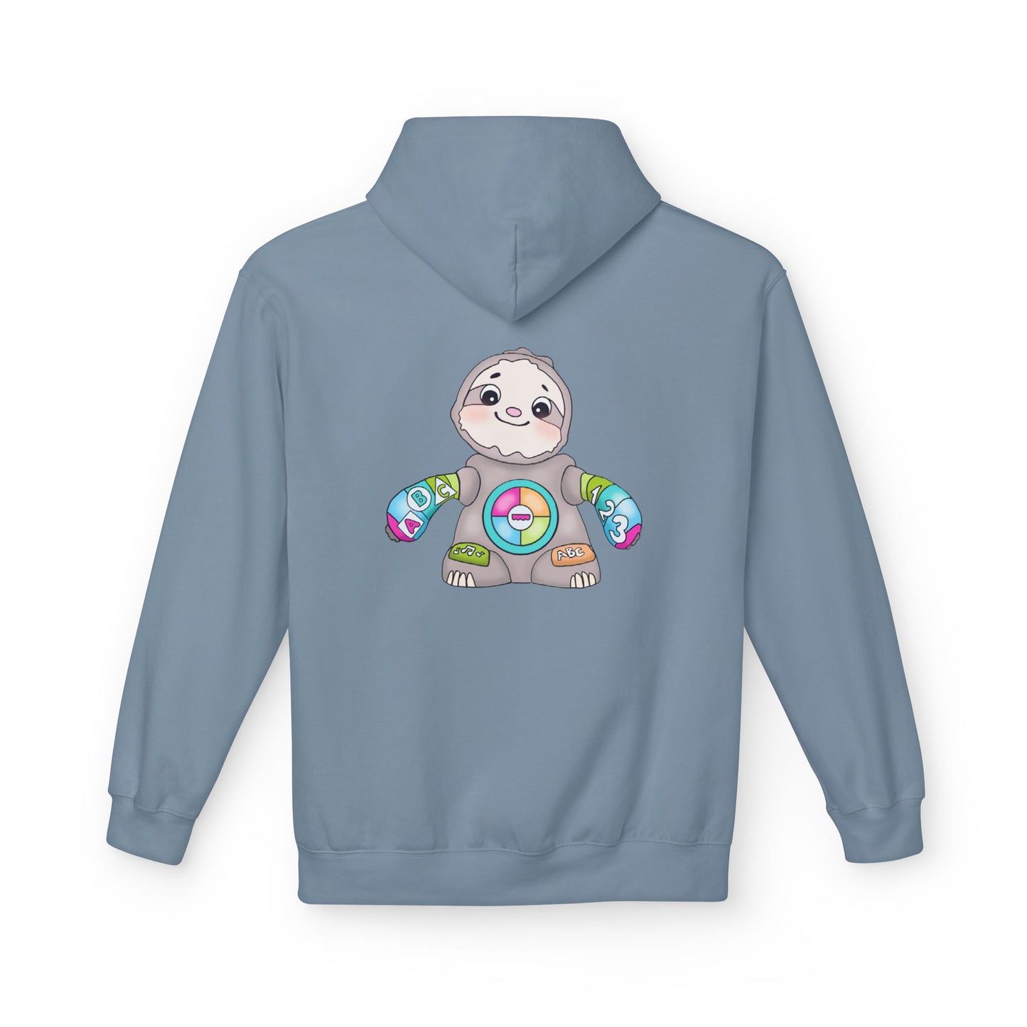 Cute Baby Sloth Hoodie with Colorful Toy Chest Graphic — Cozy Casual Pullover