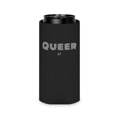 Can Cooler — "Queer AF" Black Can Koozie (Pride Party Accessory)